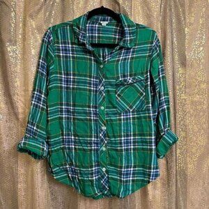 Aerie Green Plaid Flannel Boyfriend Sleep Casual Button Down Top Medium